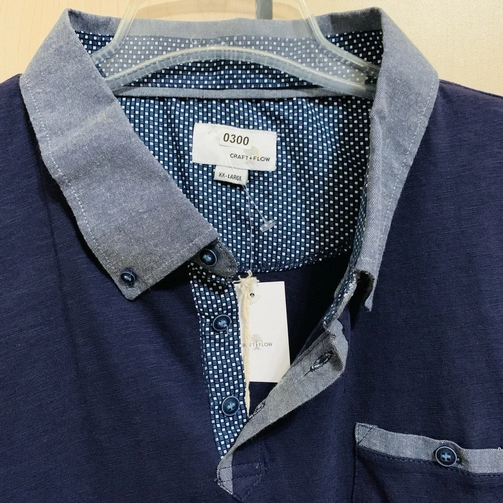 NWT Craft + Flow Good Life Polo Men's XXL Navy New Contrast Collar Short Sleeve